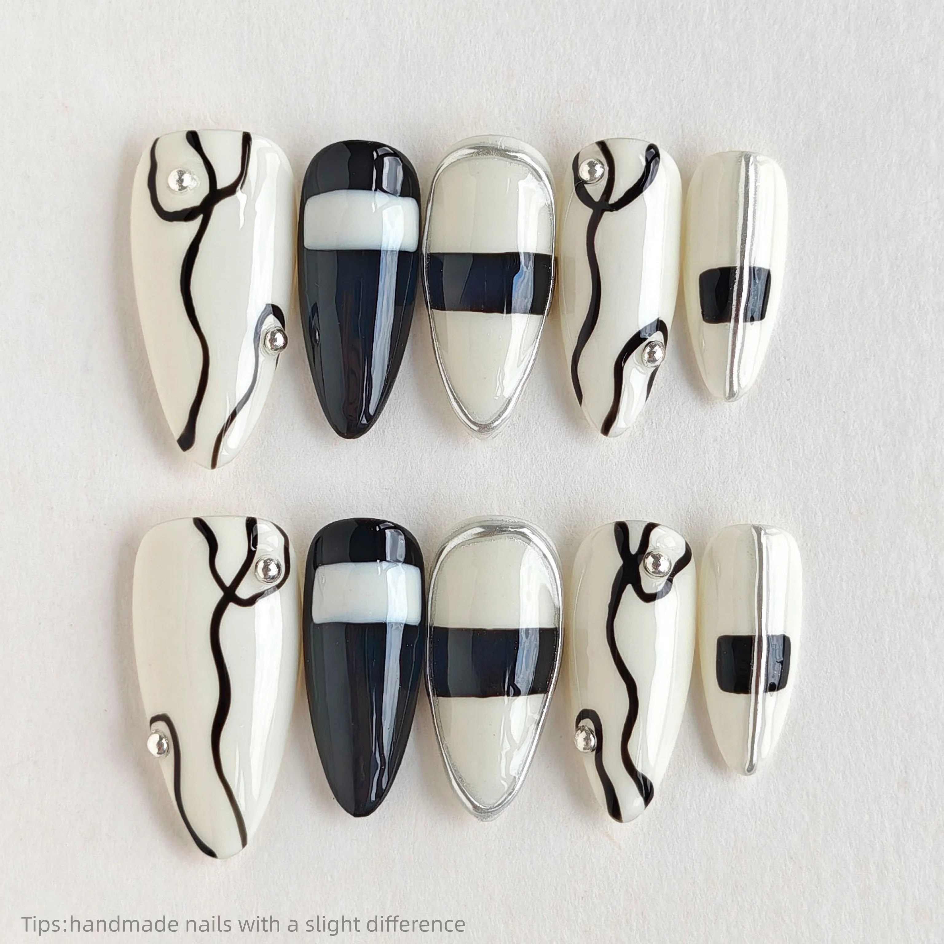 10pcs Handmade y2k Black White Line Press On Nails Almond Long Minimalist Trendy Fake Nails Silver Bead Decor False Nail