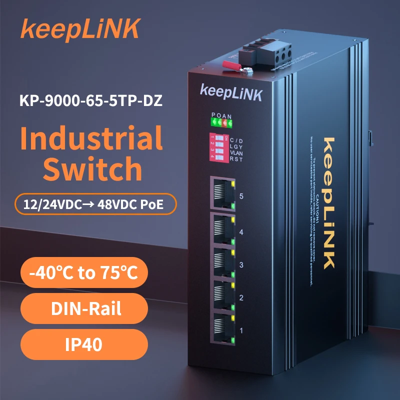 12/24V DC Powered 802.3 AF/AT 5-port 10/100Mbps Unmanaged DIN RAIL IP40 Industrial Ethernet PoE Switch