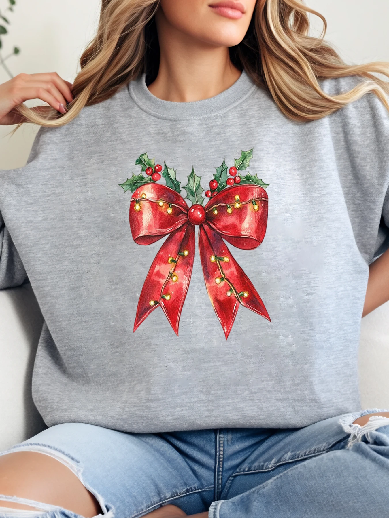 

Рождественский красный бант с принтом Holly Праздничный свитшот с круглым вырезом Женская повседневная одежда Серый размера плюс