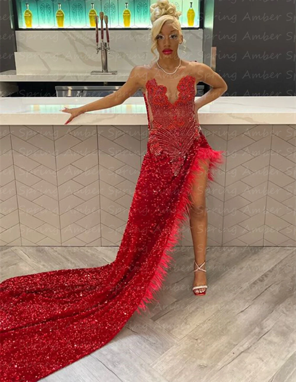 Luxury Red Prom Dresses Crystal Rhinestones Sequins High Slit Black Girl Evening Gowns Feathers Graduation Customized