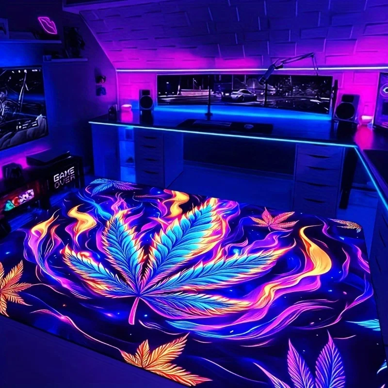 Neon Gradient Maple Leaf Flame Gaming Large Area Rug, Cool Psychedelic Weed Leaf Non-slip Floor Carpet for Game Room Bedroom