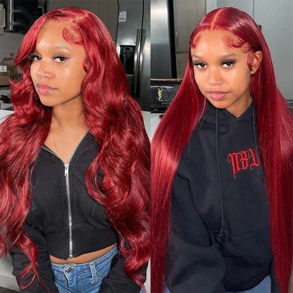 

Peruvian Body Wave Wig 13x4 Lace Frontal Human Hair Wigs For Black Women Cherry Red Colored Wig Clearance Sale Limited Quantity