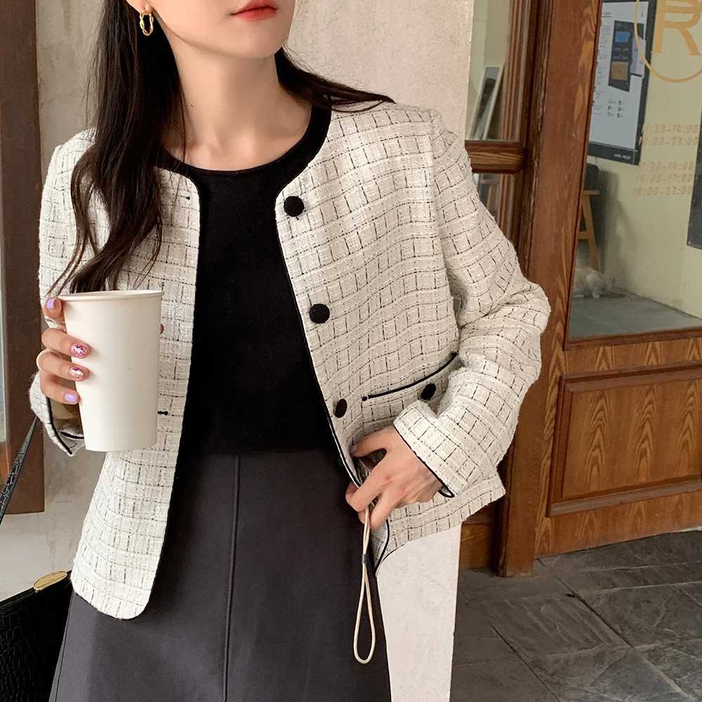 

Elegant Retro Commuting Spring Autumn Simple Row Contrast Colored Edge Loose Coat Women Jackets