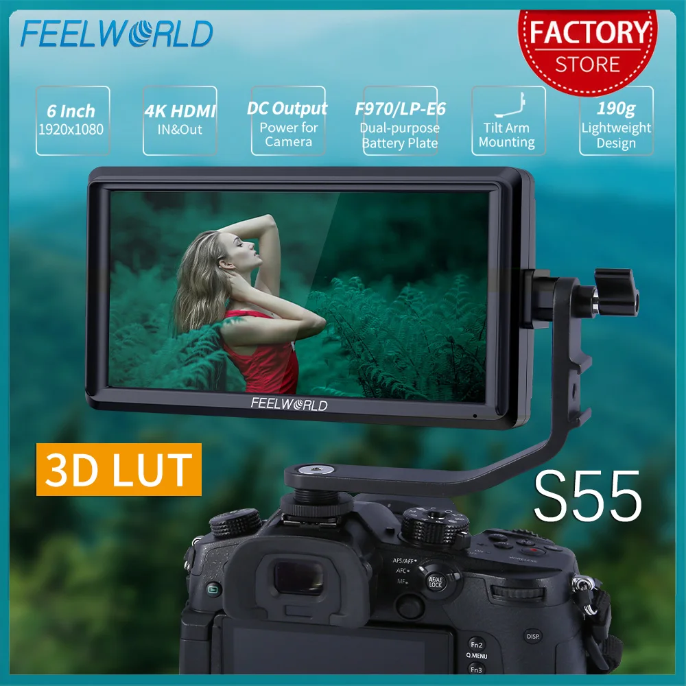 FEELWORLD 5.5นิ้ว4K แบบพกพากล้อง DSLR Field Monitor HDMI อินพุตเอาต์พุตขนาดเล็ก Full HD 1280X720 IPS tilt Arm Power S55