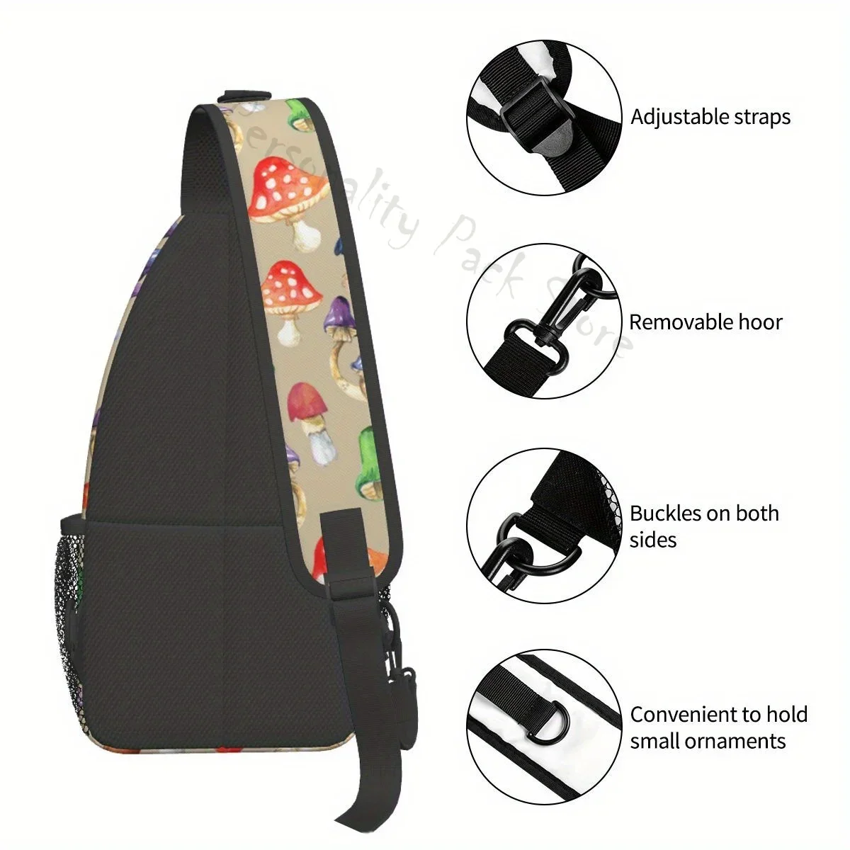 Cogumelo e Agaricus Mochila Estilingue Bege, Travel Crossbody Bag, Mochila Triangular No Peito, Bolsa De Ombro De Caminhada