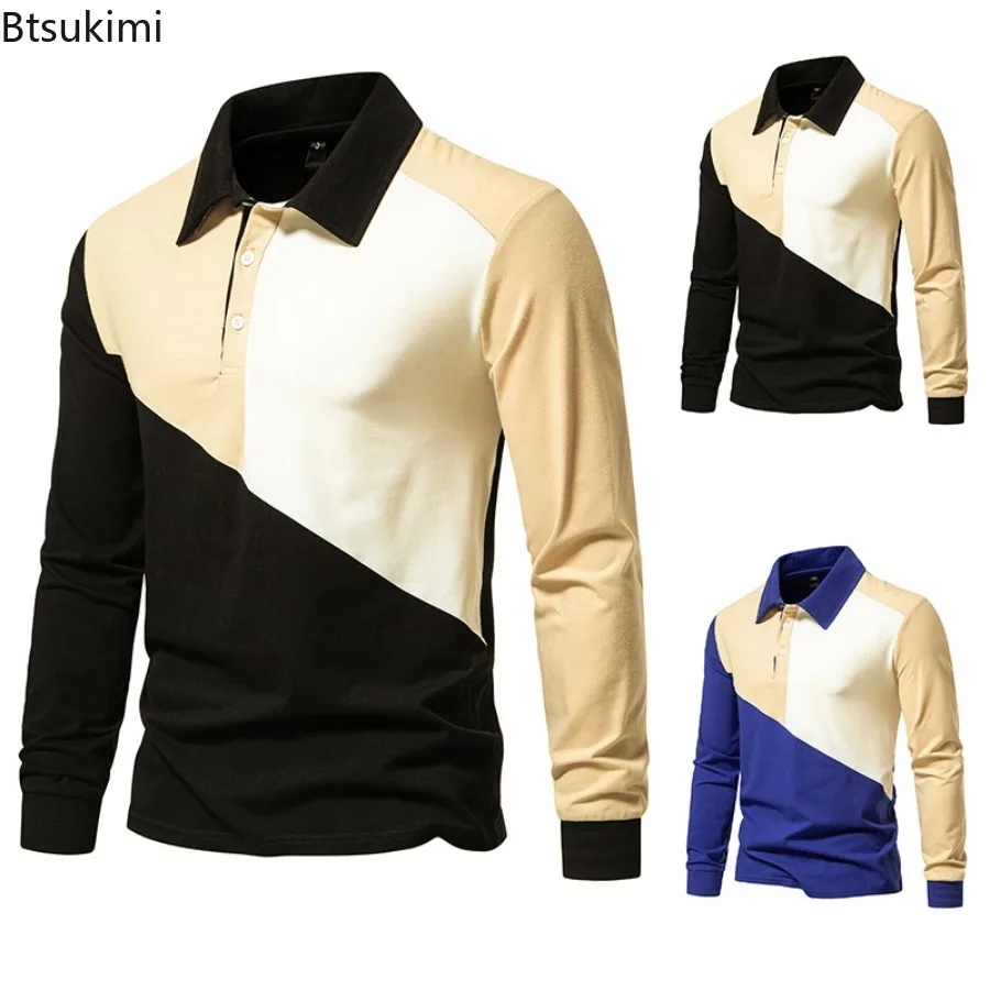 

2024 New Men's Long-sleeved Polo Shirt Fashion Patchwork Design Half Button-up Lapel Pullover Men Casual Colorblock Tops T-shirt