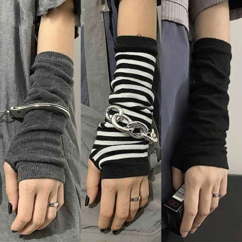 Black Grey Punk Long Fingerless Gloves Cuff Women Men Outdoor Hip-hop Glove Elbow Mittens Cool Stretch Winter Arm Warmer Mitten