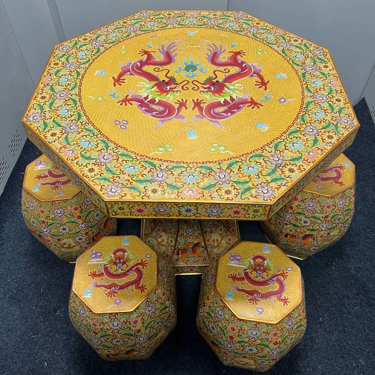 A set of copper silk enamel double dragon play beads octagonal table and stool