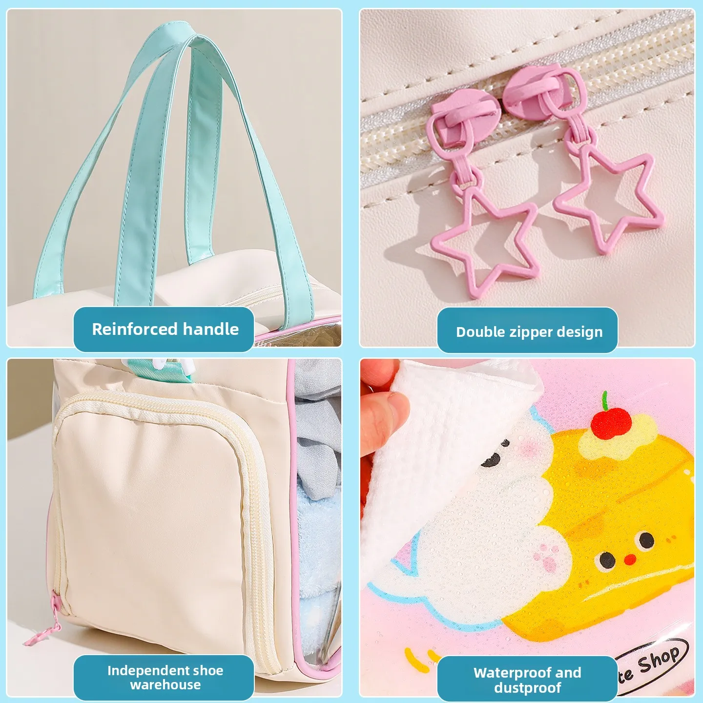 Waterproof PVC Handheld Swimming Bag for Women & Kids, Cartoon Print, Wet Dry Separation, Large Capacity with Shoe Storage
