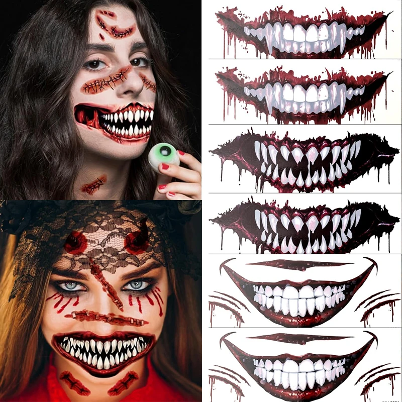 1/3pc New Halloween Horror Big Mouth Face Temporary Tattoo Stickers Waterproof Realistic Prank Makeup Sticker DIY Cosplay Tattoo
