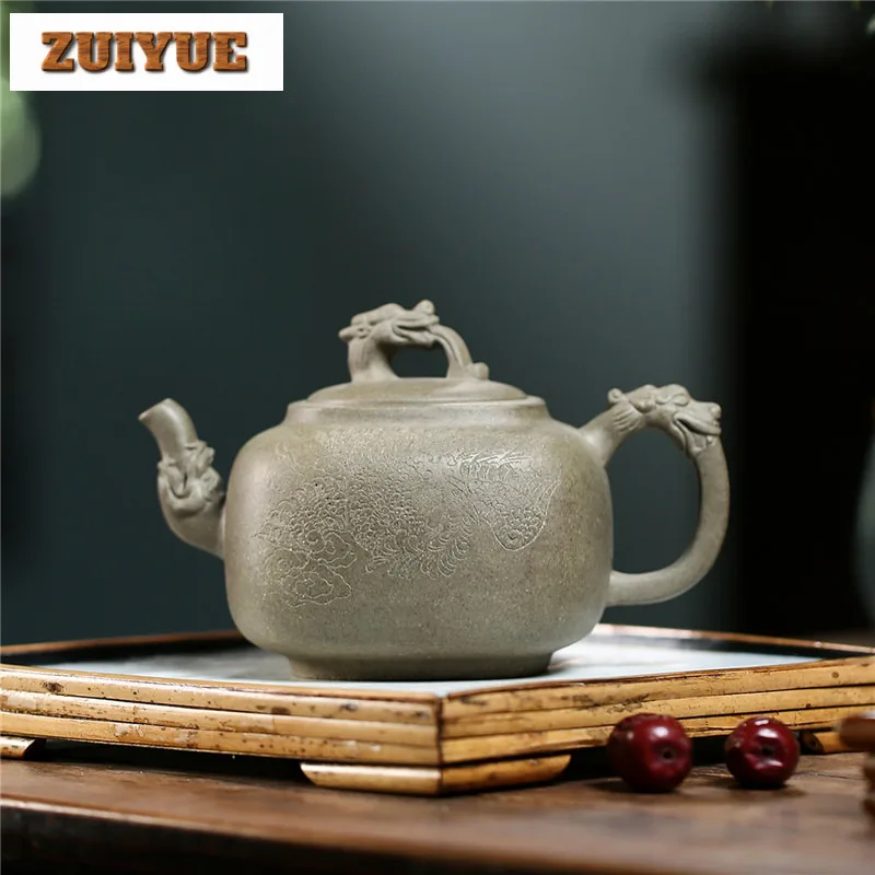 

400ml Yixing Purple Clay Teapots Handmade Mixed Square Swimming Dragon Pot Raw Ore Dragon's Back Mud Kettle Zisha Tea Set Craft