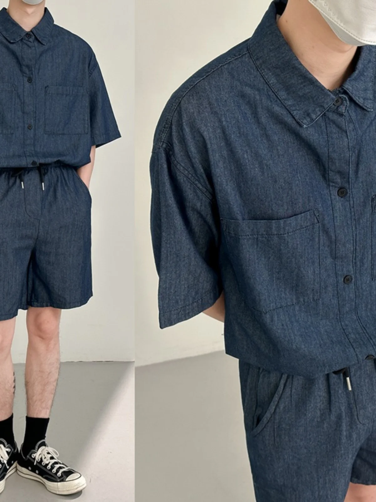 

Summer Thin Denim Set Men's Trendy Workwear Waed Two-piece ort Sve irt Five-Part Pants Casual Versatile