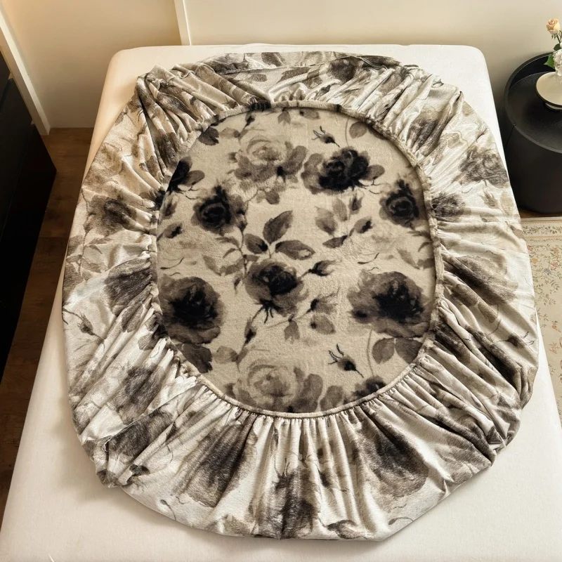 

1pc/3pcs Imitation Rabbit Velvet Fitted Sheet Flower Warm Winter Mattress Protector Cover Floral Bedspread for Single Double Bed
