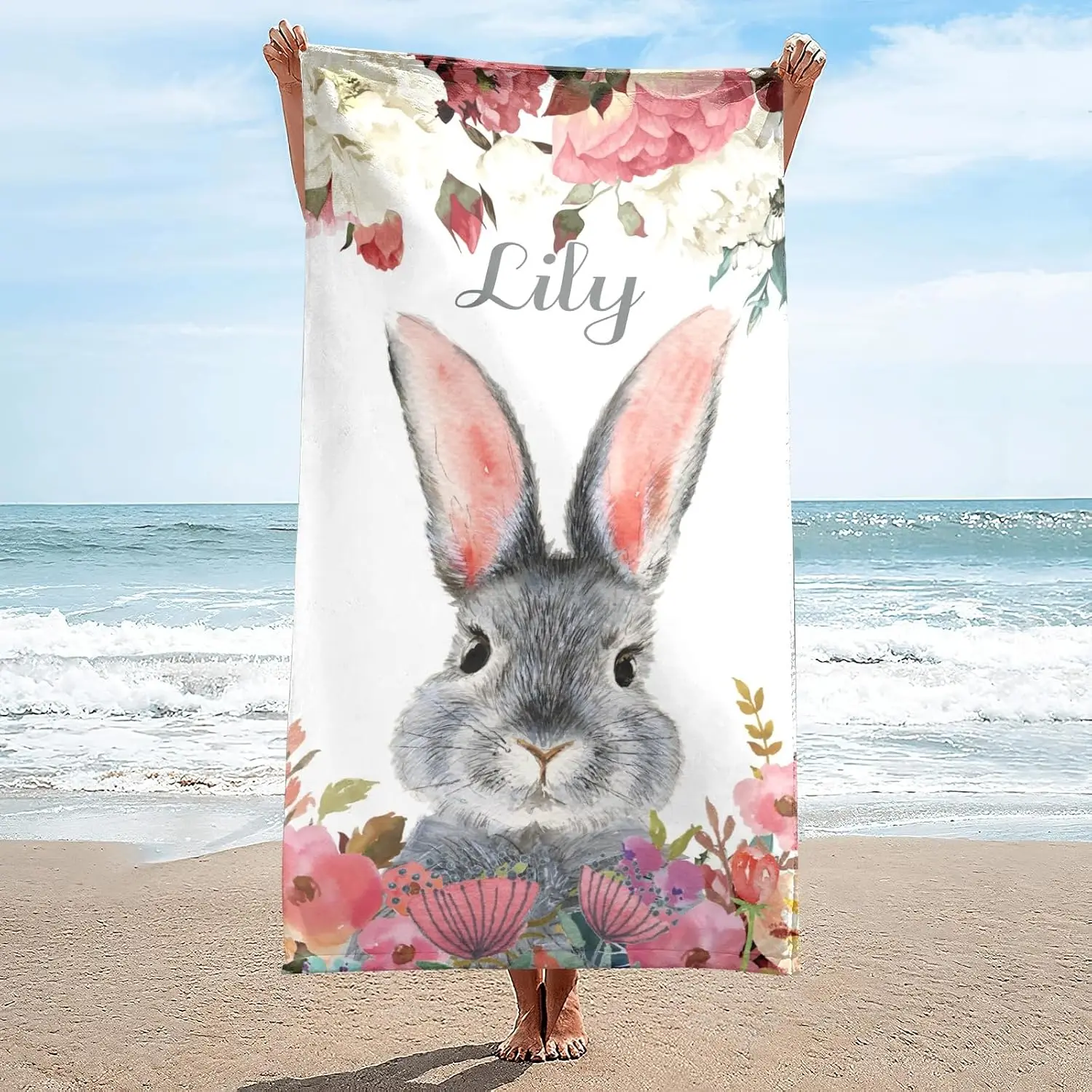Adorable Bunny Floral Watercolor Bath Towel Cute Rabbit Spring Pattern Absorbent Cotton Spa Towel for Bathroom Decor Gift Idea