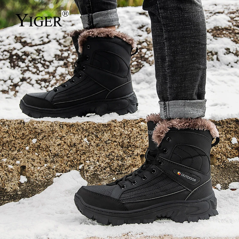 

YIGER Men's Large size Hiking shoes Winter plush Warm Cotton shoes High-top snow boots Men's Thickened Outdoor boots Man Casual