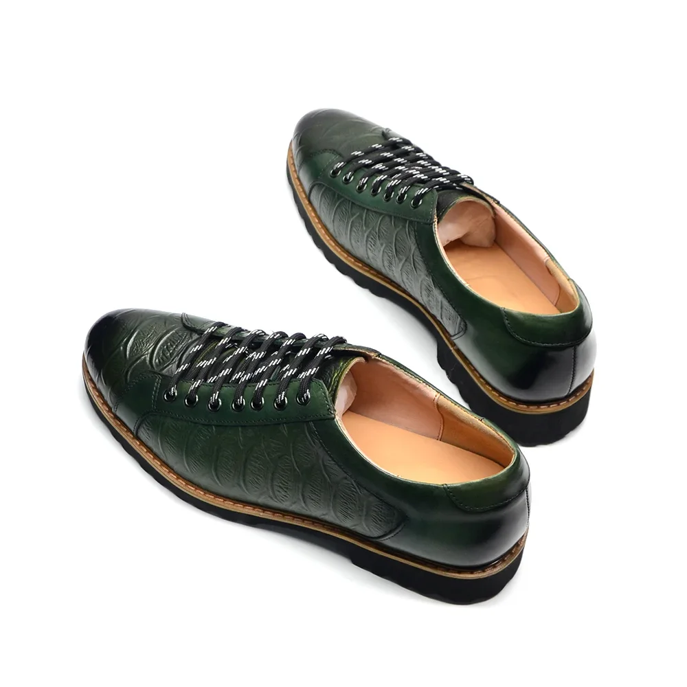 Luxury Brand Designer Men Casual Derby Shoes Cow Genuine Leather Fashion Crocodile Pattern Lace-Up Green Non-slip Sneakers Male