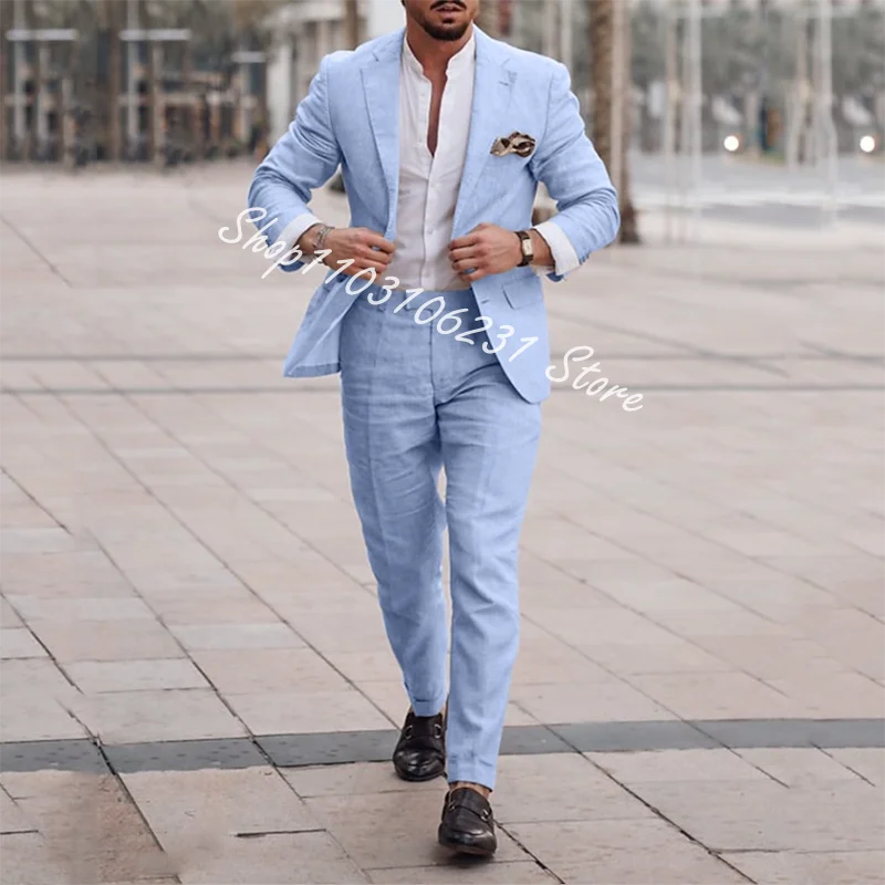 Linen Wedding Men Suits Custom Slim Fit Groom Tuxedos Notched Lapel 2 Pieces Suits Jacket Pants Male Blazer Costume Homme