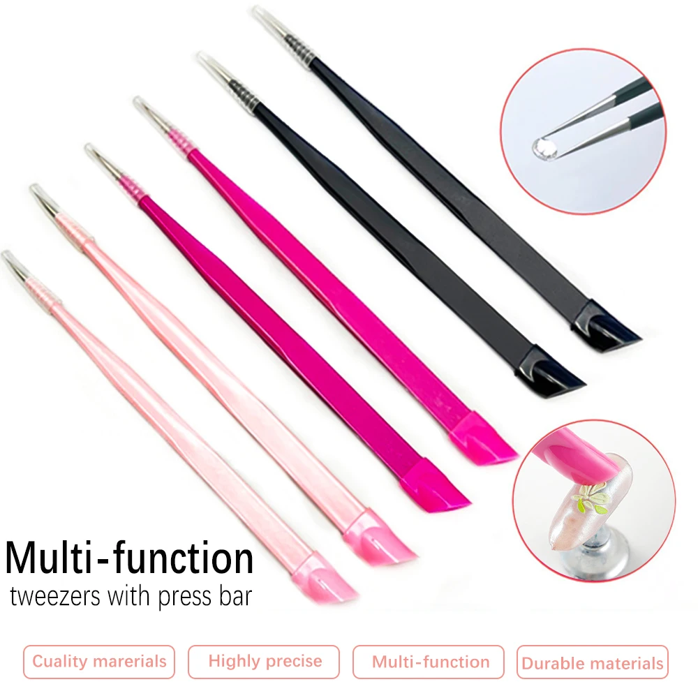 1pc Double Headed Tweezers Multi-Use Tweezers Silicone Pressing Head Nail Clipping Tool Take Sticker Tape Crystal Manicure Tools