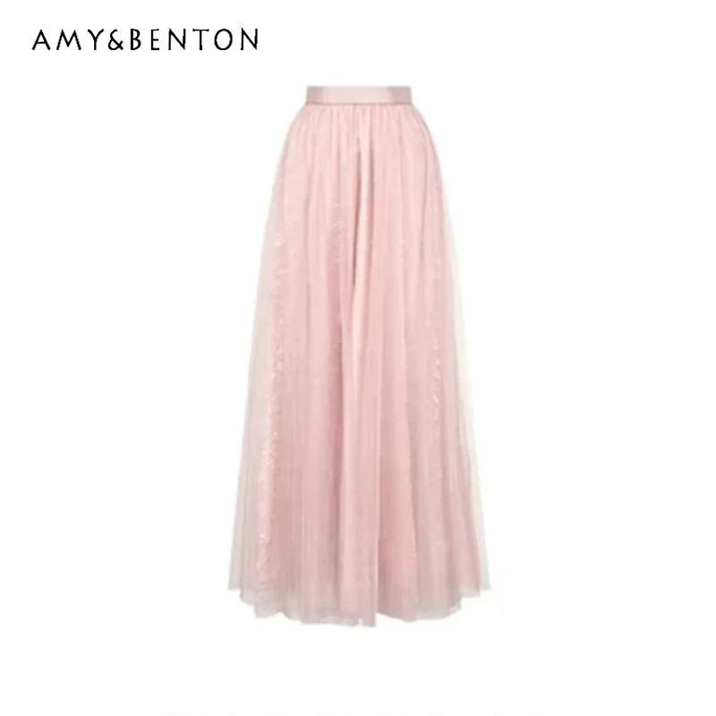 

Women's Pink Mesh Jacquard Women's Skirt French Gentle Temperament Versatile Pendant Sense Waist-cinching Long Skirts Ladies
