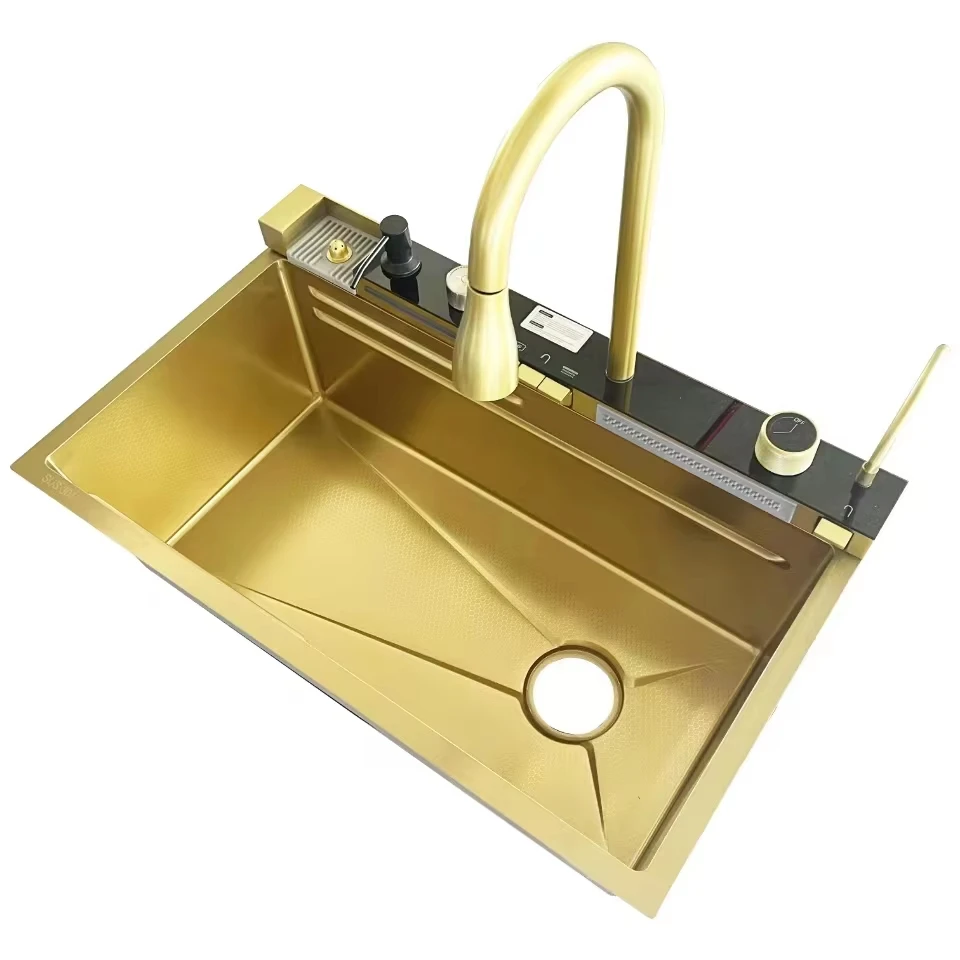 

HOT Gold Color 304 Piano 5 Keys Stainless Steel Kitchen Digital Display Raindance Waterfall Cup Washer Smart Kitchen Sink