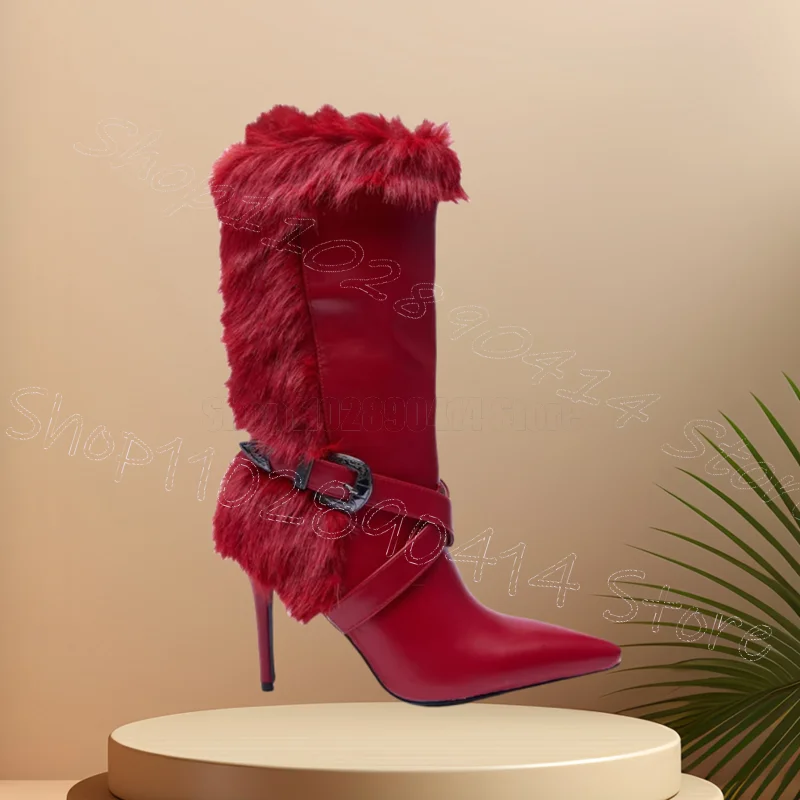 

Red Fur Belt Fastener Pointed Toe Boots Slip On Women Shoes Thin High Heels Novel Fashion Party Banquet 2025 Zapatos Para Mujere