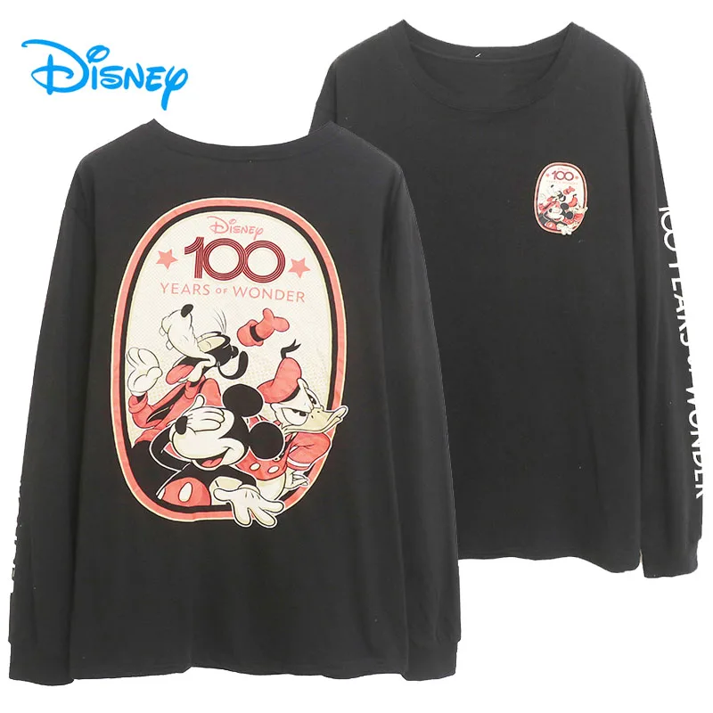 Disney Women\'s Casual Cartoon Pullover T Shirt Mickey Mouse Donald Duck Sweatshirt O Neck Long Sleeve 100th Anniversary Tee