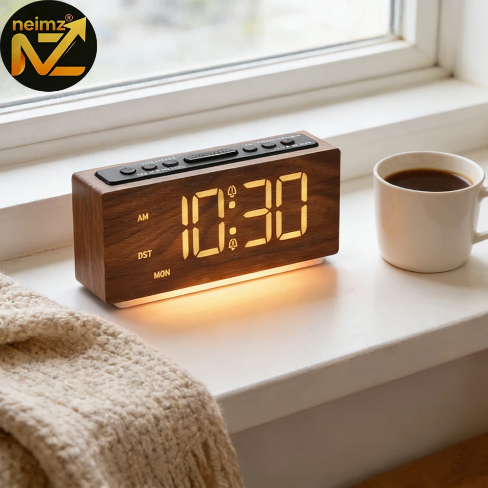 Relógio Despertador Digital LED Moderno Minimalista em Madeira - Luz Noturna com Brilho Ajustável e Função Soneca para Decoração de Quarto