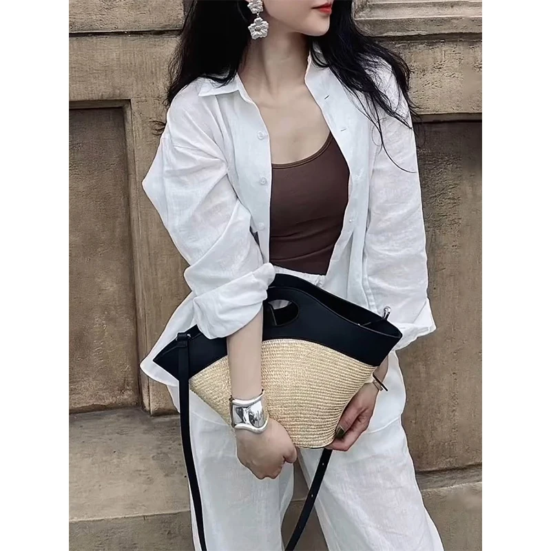 

Leather And St Woven Crossbody Bag for Women Summer Vaion Sle Handbag Soft Handle Medium Hardn Daily Use Large Size