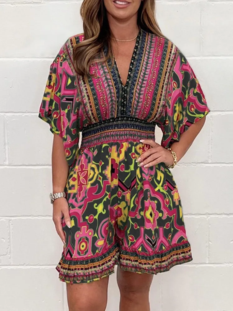 Summer Women's Fashion Boho Print Jumpsuits Female Elegant Folds Waist Batwing Sleeve Wide Leg Shorts Party Casual Women Rompers