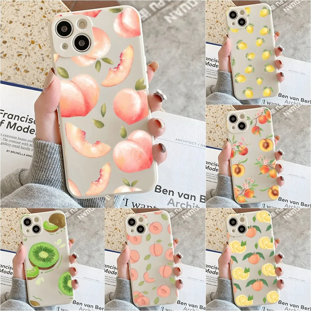 Summer Green Leaves Fruit Lemon Peach Phone Case For Iphone 11 13 14 Pro Max X Xr Xs Max Se2020 12mini White Cover Case