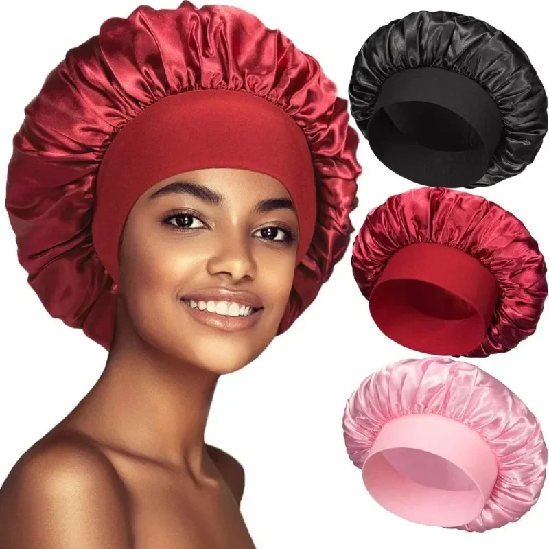 

Women's Satin Solid Wide-brimmed Sleeping Hat Unisex Head Wrap Elastic Band Cap Hair Care Bonnet Night Hat Styling Accessories