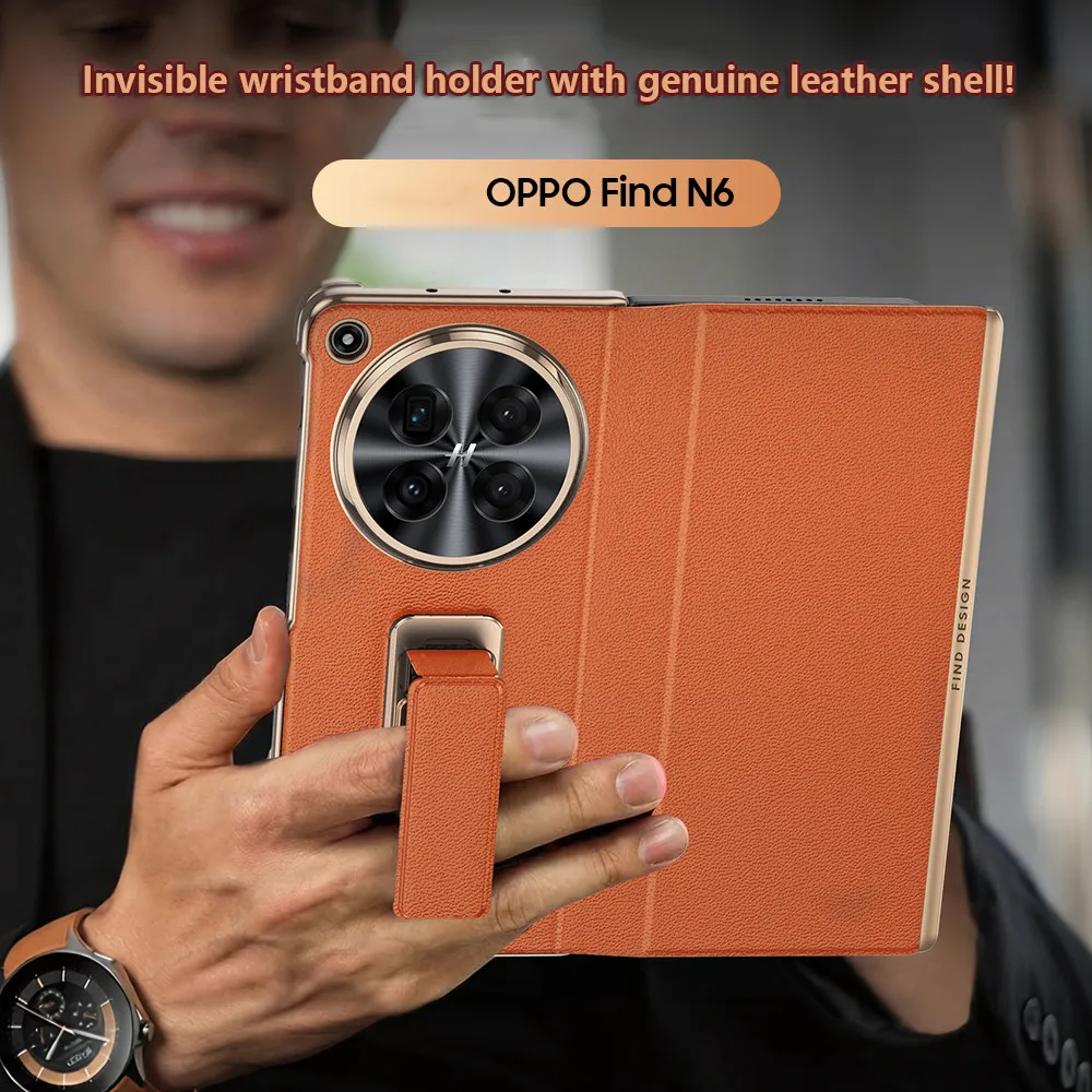 

Double Hinge Protection Case For OPPO Find N6 FindN6 5G Luxury Genuine Leather Rotatable Wrist Strap Kickstand Protective Cover