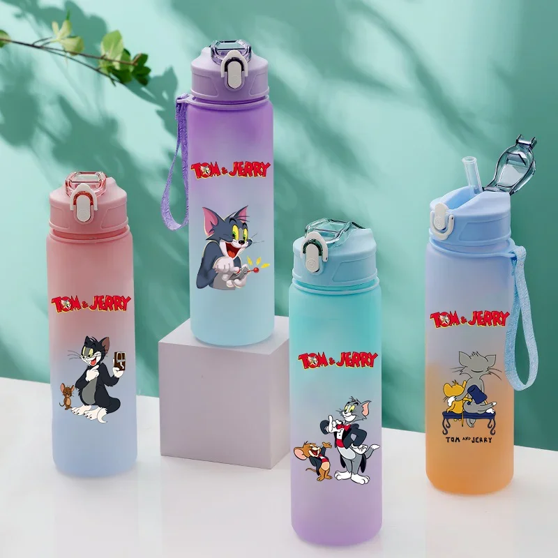 750ML Tom and Jerry Kids Large Capacity Water Bottle Outdoor Sports Gradient Plastic Water Cup Portable Leak Proof Water Bottle