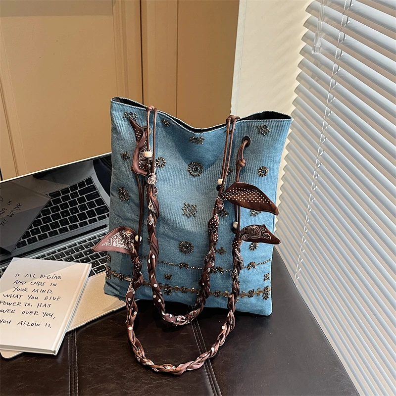 

2026 New Heavy-duty Beaded Denim Flannel Shoulder Bags Ethnic Style Large Capacity Retro Versatile Crossbody Bags for Women