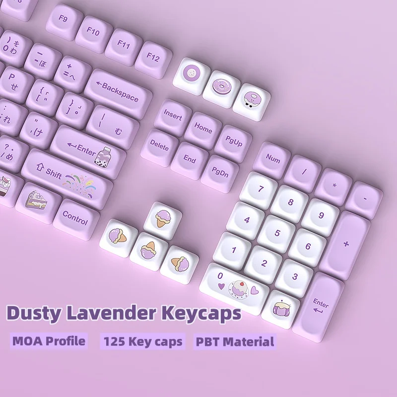 

Taro Milk Tea Purple 125-клавишные колпачки MOA Profile Cute Style Dusty Lavender Полный набор 5-сторонних сублимационных колпачков из ПБТ