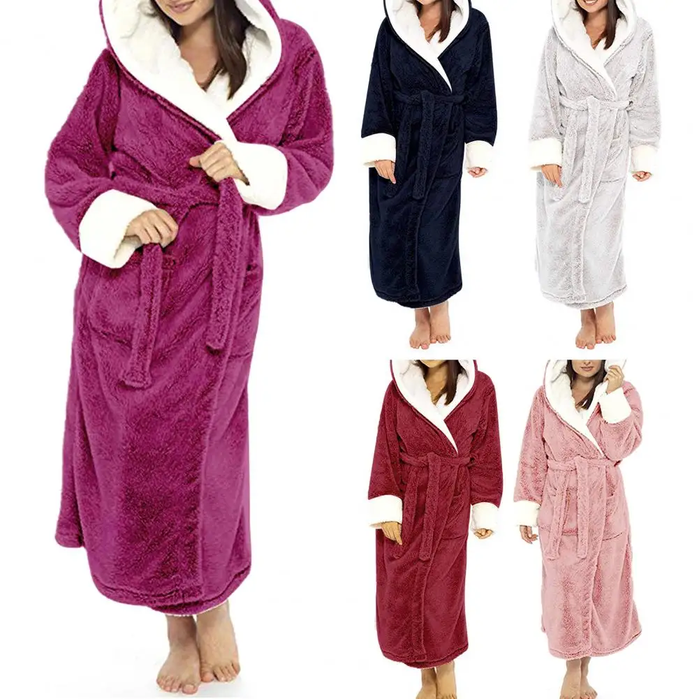 

Women Bathrobe Plush Thicken Hooded Nightgown Autumn And Winter Warm And Comfortable Long-sleeved Robe Homewear Home Bath Robe