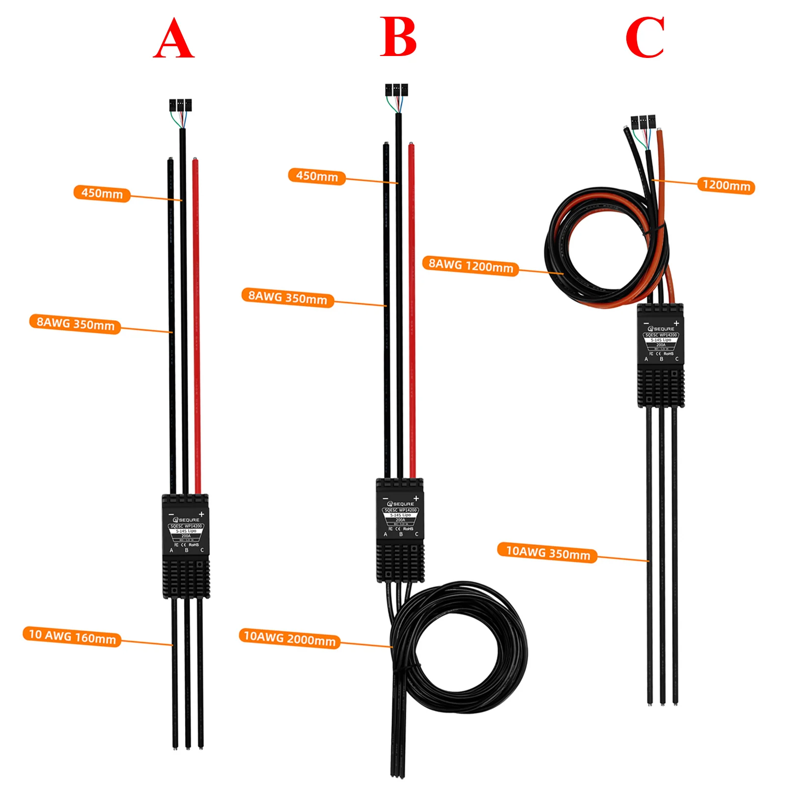 SEQURE WP14200 IP68 Wasserdichter bürstenloser ESC 5-14S Lipo 200A Elektrischer Geschwindigkeitsregler für eFoil Elektro-Surfbrett Kajak RC Auto