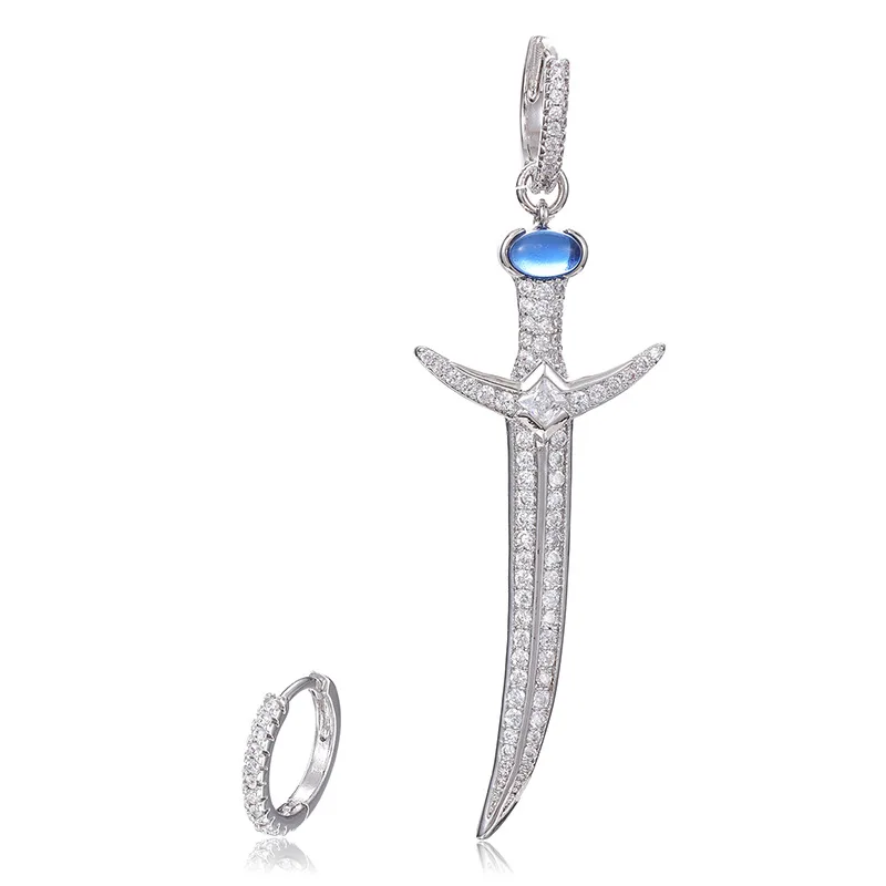 Hip Hop 3A+ CZ Stone Paved Bling Iced Out Asymmetrical Sword Drop Earring for Men Rapper Jewelry Gifts