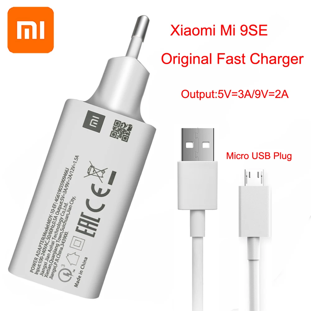 Original Xiaomi MI 9SE QC3.0 Fast USB Wall Charger Micro USB Cable Quick Charge For Mi 9 8 SE CC9 A3 Mix Redmi Note 7 6 5 4