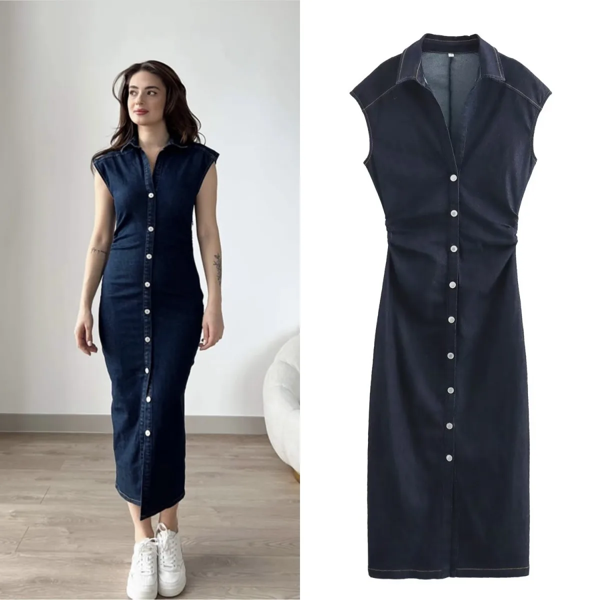 Taillierte Midi-Hemdkleider 2025, Damenmode, Taille, faltig, sexy Figur, V-Ausschnitt, langes, kurzärmliges Jeanskleid