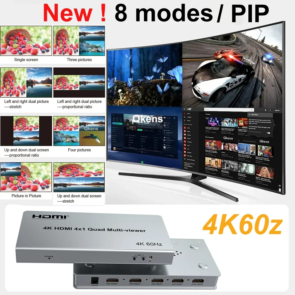 4K 60Hz HDMI Multiviewer 4x1 Seamless Switch Quad Screen Multi-Viewer 90° 180° 270° Flip PIP 8 Display Mode for PS4 PC Camera TV