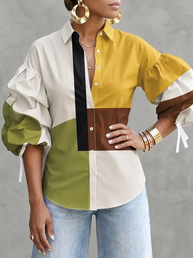 Yeezzi Women's Fashion Color‑Block Patchwork Lapel Shirt 2026 New Tied Puff Sleeves Split-Joint Buttoned Casual Office Blouses