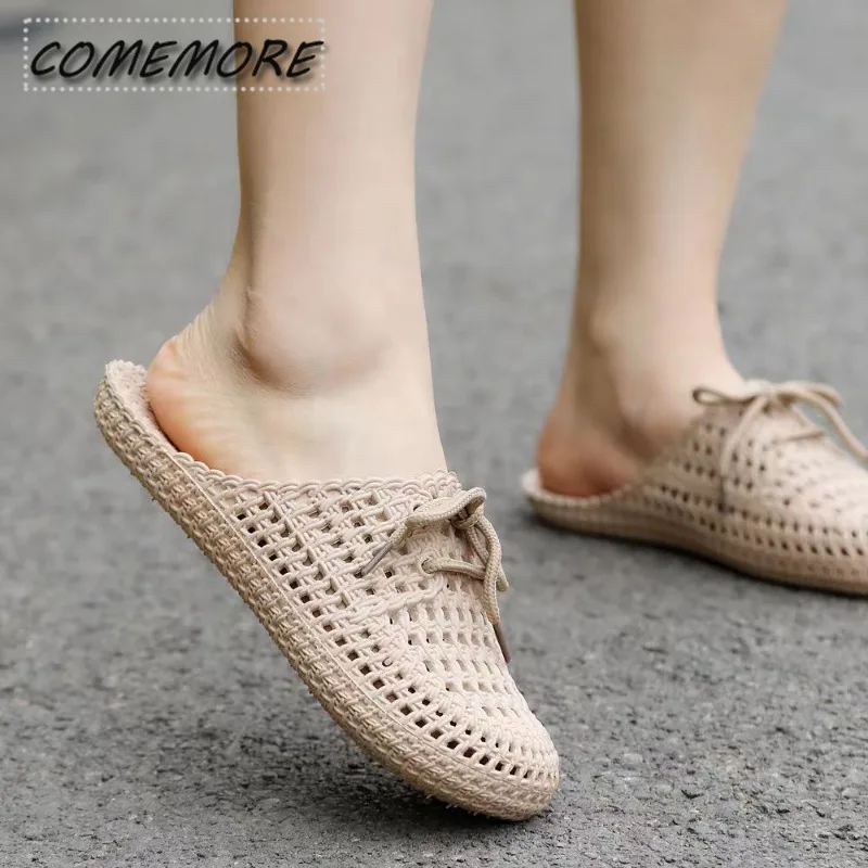 Summer Women Slippers Mules Shoes Woman Closed Toe Breathable Flip Flops Hollow Light Lace Up Outdoor Flats Sandals Beach Slides