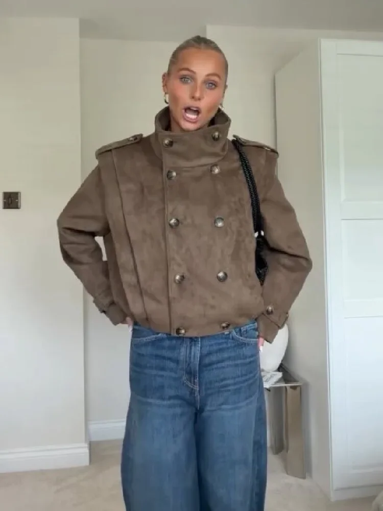 Vintage Brown Faux Suede Short Coat Trend Stand Collar Double Breasted Shoulder Epaulet Jacket Lady Autumn Casual Chic Outerwear