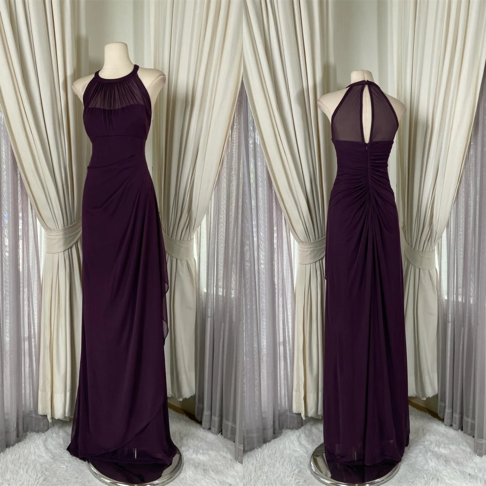 

Customized High Quality Purple Chiffon Evening Dress Elegant Graceful Crew Neck Sleeveless Zipper Back Special Occasion Gowns