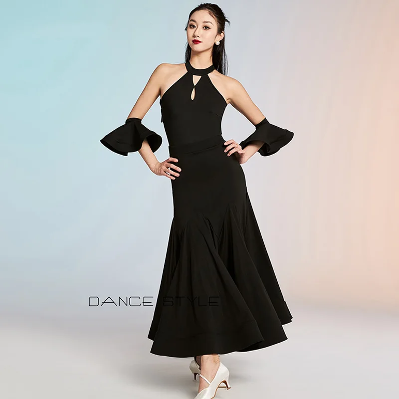 2025 neue Ballsaal Kleid Frauen Standard Modern Dance Kostüm Walzer Leistung Bühne Tragen Halter Schwarz Ballroom Dance Anzug 2582