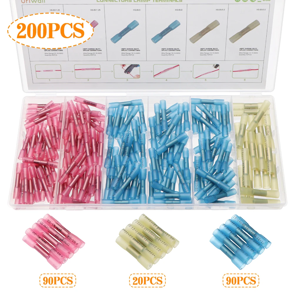 200pcs Heat Shrink Crimp Connectors Electrical Wire Butt Connectors Sleeve Terminals Insulated Waterproof Wire Cable Terminals