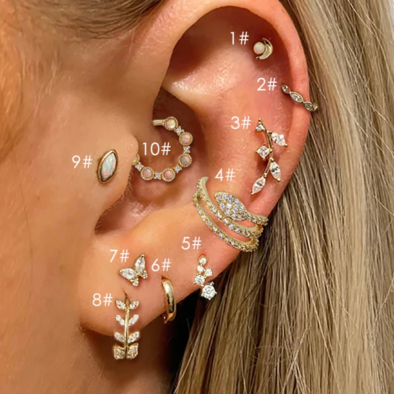 1pc Daith Rook Piercing Earring Opal Stone Moon Butterfly Conch Helix Tragus Cartilage Cubic Zirconia Leaf Snake Ear Jewelry