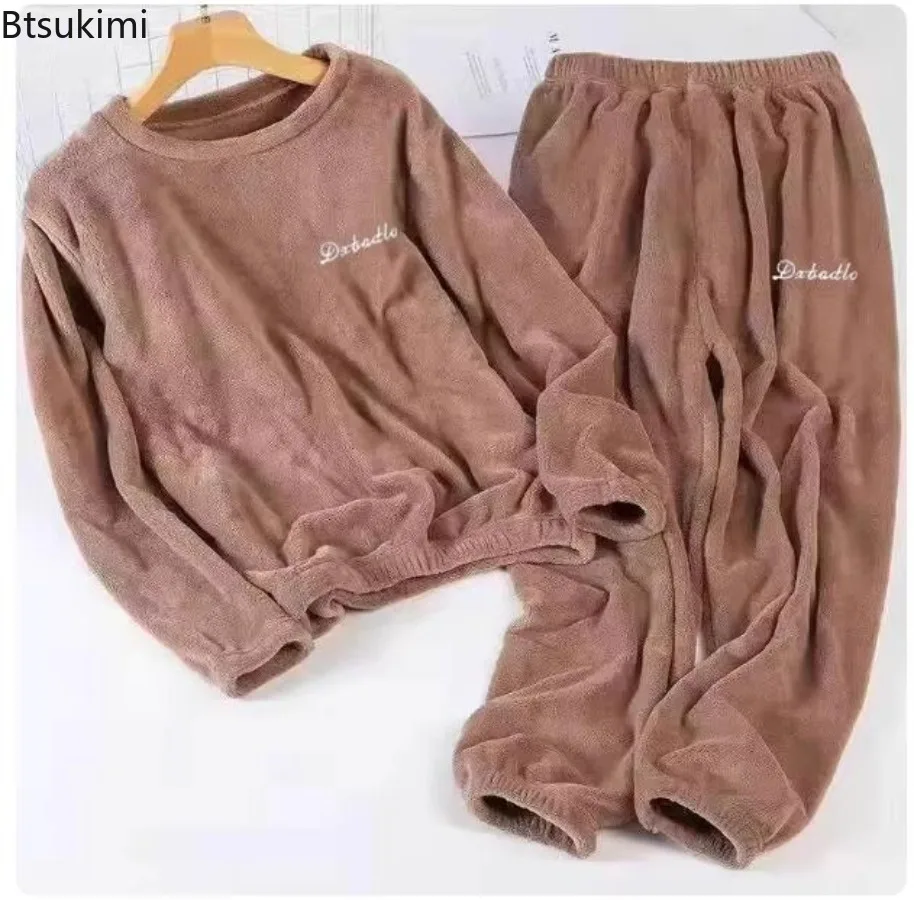 أطقم بيجامات للزوجين لخريف وشتاء 2025 بيجامات من الفلانيل الدافئة غير رسمية فضفاضة برقبة دائرية + سراويل ملابس نوم للرجال والنساء طقم مكون من قطعتين #2