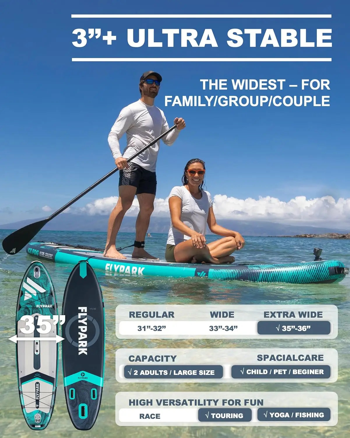 Placa de remo inflável para pesca e família, SUP extra largo, estável Stand-Up Paddle Board, 10 ", 8", 11 "x 35"